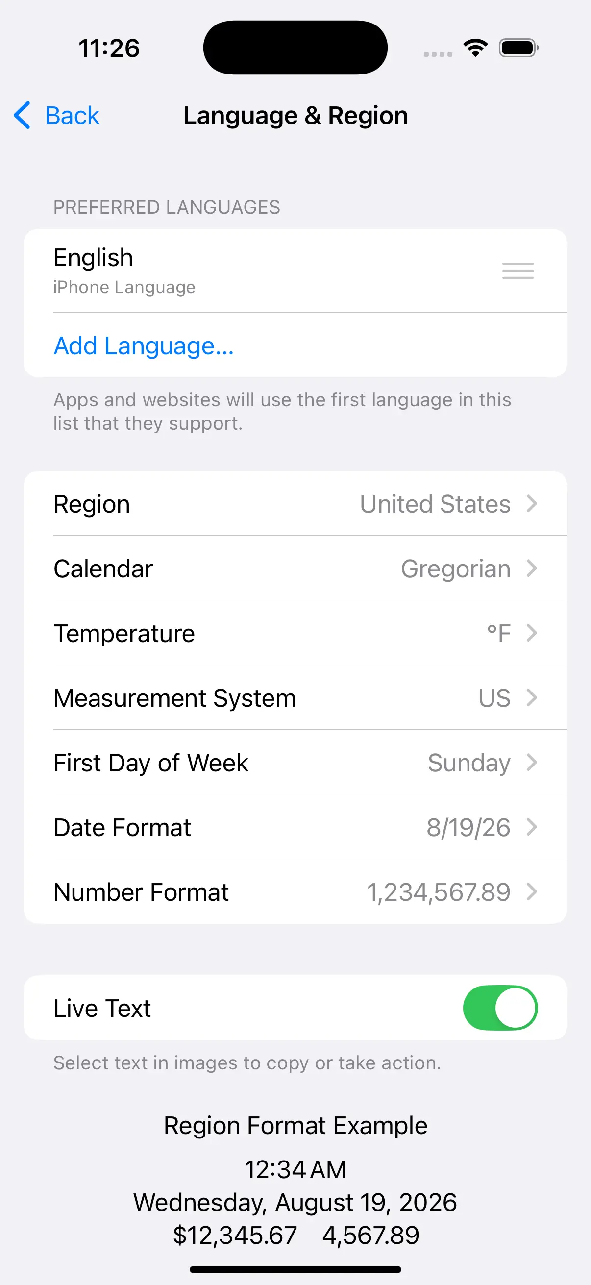 Language & Region settings