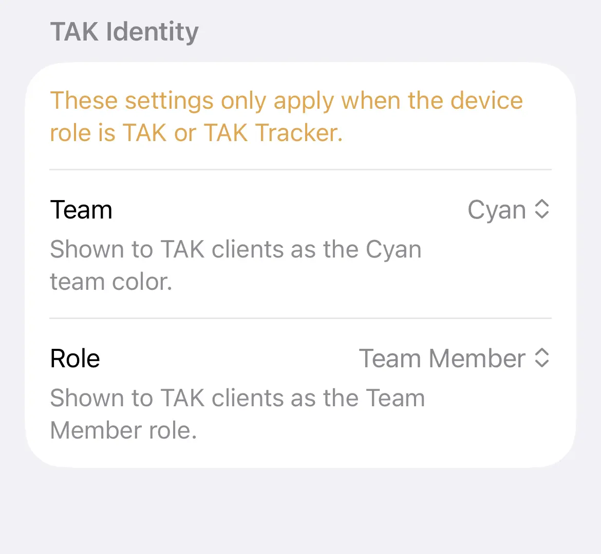 TAK Identity section with Team and Role pickers